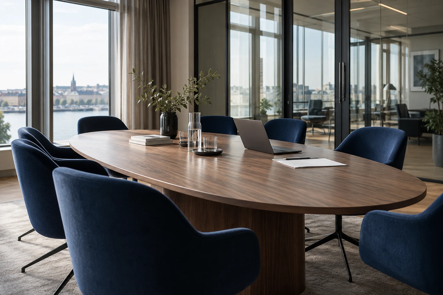 Ljust mötesrum med bord och blå kontorsstolar