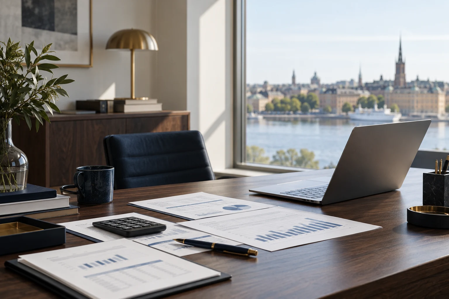 Ljus arbetsplats med dator och ekonomiska underlag